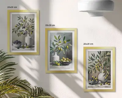Sada obrazů na zeď olivy v keramických miskách na šedém pozadí