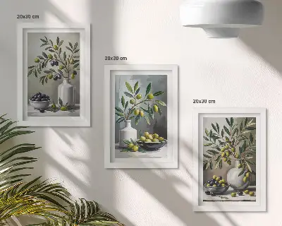 Sada obrazů na zeď olivy v keramických miskách na šedém pozadí
