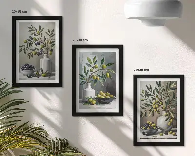Sada obrazů na zeď olivy v keramických miskách na šedém pozadí