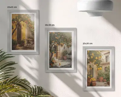 Slunečná terasa s citrusovými stromy a květináči sada tří obrazů