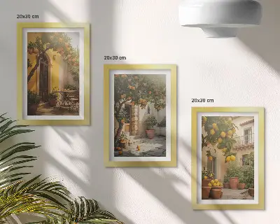 Slunečná terasa s citrusovými stromy a květináči sada tří obrazů