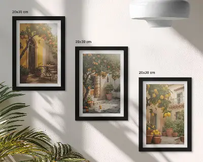 Slunečná terasa s citrusovými stromy a květináči sada tří obrazů