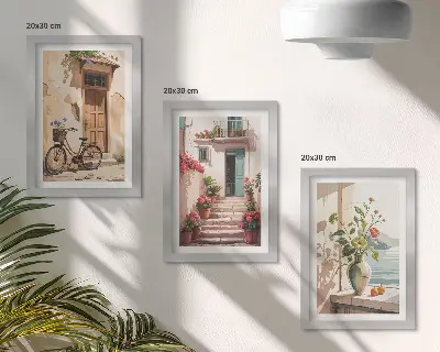 Sada tří obrazů malované ulice s květinami a kolem