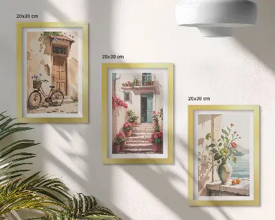 Sada tří obrazů malované ulice s květinami a kolem