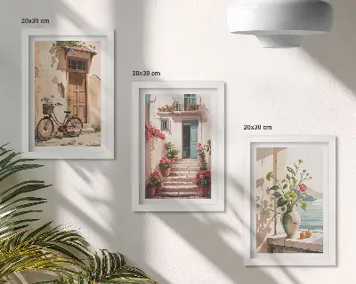 Sada tří obrazů malované ulice s květinami a kolem