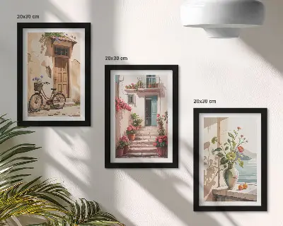 Sada tří obrazů malované ulice s květinami a kolem