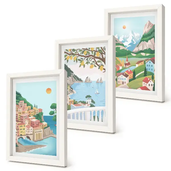 Sada obrazů na zeď výhledy na moře s pastelově zbarvenými domy
