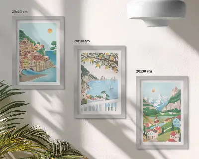 Sada obrazů na zeď výhledy na moře s pastelově zbarvenými domy
