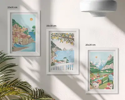 Sada obrazů na zeď výhledy na moře s pastelově zbarvenými domy