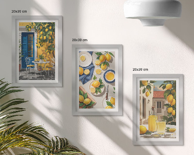 Sada tří obrazů Citronová zahrada s citrony a nápoji na stole