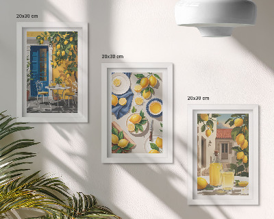 Sada tří obrazů Citronová zahrada s citrony a nápoji na stole