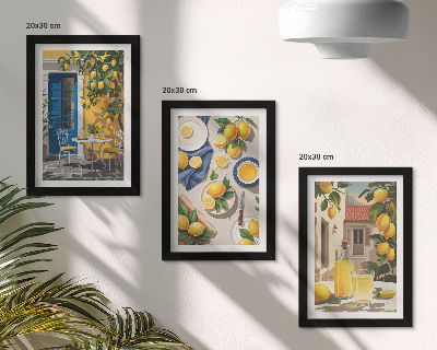 Sada tří obrazů Citronová zahrada s citrony a nápoji na stole