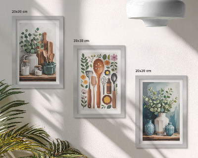 Sada tří obrazů Kuchyňské doplňky s rostlinami v moderním stylu