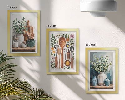 Sada tří obrazů Kuchyňské doplňky s rostlinami v moderním stylu