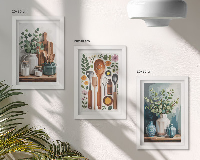 Sada tří obrazů Kuchyňské doplňky s rostlinami v moderním stylu