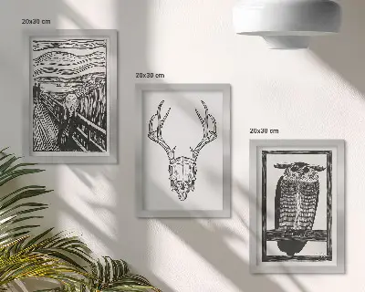 Vícedílný obraz v rámu inspirovaný výjevem s lebkou a sovou v grafickém stylu