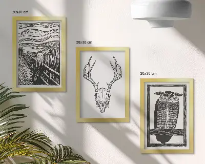 Vícedílný obraz v rámu inspirovaný výjevem s lebkou a sovou v grafickém stylu