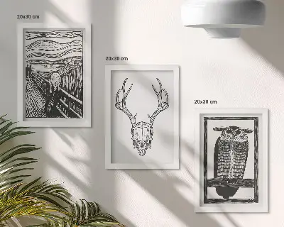 Vícedílný obraz v rámu inspirovaný výjevem s lebkou a sovou v grafickém stylu