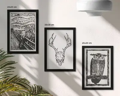 Vícedílný obraz v rámu inspirovaný výjevem s lebkou a sovou v grafickém stylu