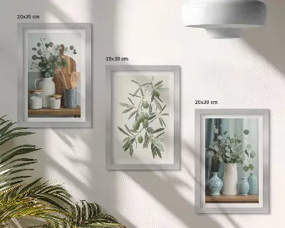 Sada obrazů na zeď s estetickým motivem zelených oliv a větví eukalyptu