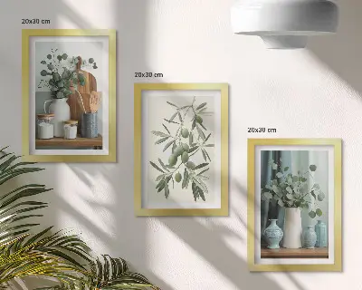 Sada obrazů na zeď s estetickým motivem zelených oliv a větví eukalyptu