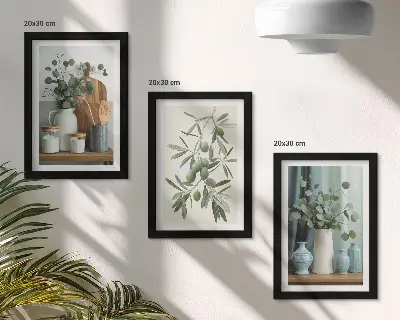 Sada obrazů na zeď s estetickým motivem zelených oliv a větví eukalyptu