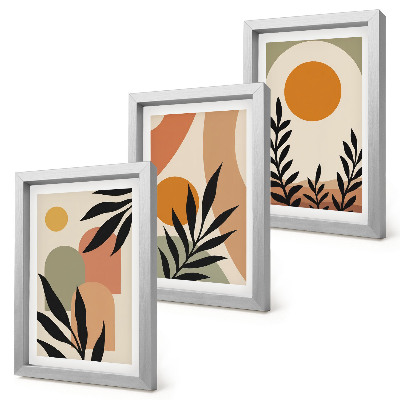 Sada tří obrazů Abstraktní tvary a rostlinné motivy v teplých barvách