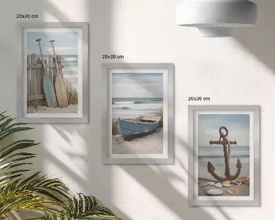 Vícedílný obraz v rámu pláž s veslicí a kotvou v písku