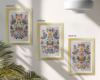 Sada tří obrazů květinové vzory v intenzivních barvách na bílém pozadí