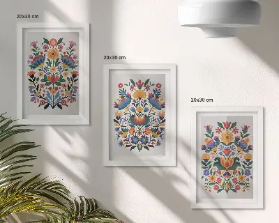 Sada tří obrazů květinové vzory v intenzivních barvách na bílém pozadí