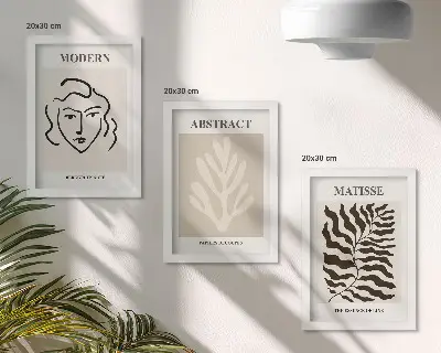 Sada tří obrazů ilustrace tváří a listů ve stylu Henriho Matisse