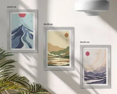 Sada tří obrazů hory v pastelových barvách ve stylu japandi