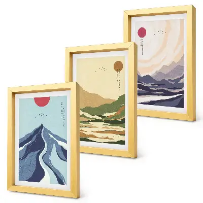 Sada tří obrazů hory v pastelových barvách ve stylu japandi