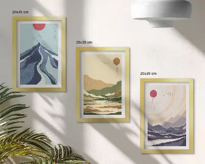 Sada tří obrazů hory v pastelových barvách ve stylu japandi