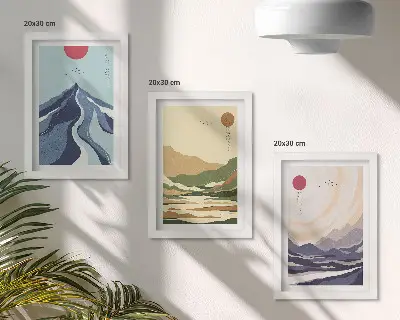 Sada tří obrazů hory v pastelových barvách ve stylu japandi