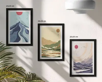 Sada tří obrazů hory v pastelových barvách ve stylu japandi