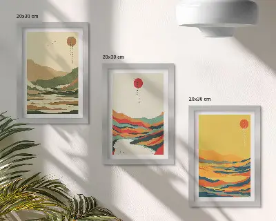 Sada tří obrazů s barevnými vzory hor a řek v japandi stylu