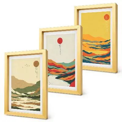 Sada tří obrazů s barevnými vzory hor a řek v japandi stylu