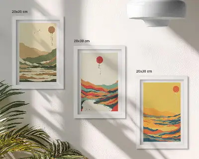 Sada tří obrazů s barevnými vzory hor a řek v japandi stylu
