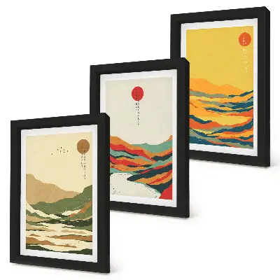 Sada tří obrazů s barevnými vzory hor a řek v japandi stylu