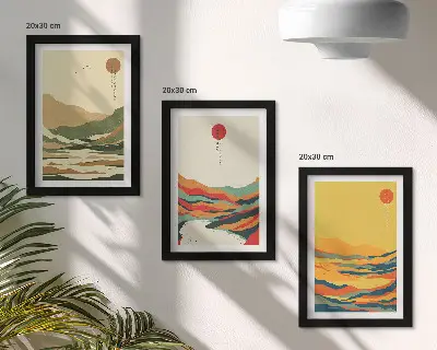 Sada tří obrazů s barevnými vzory hor a řek v japandi stylu