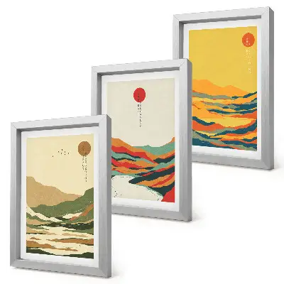 Sada tří obrazů s barevnými vzory hor a řek v japandi stylu