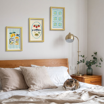 Sada tří obrazů Ilustrace kuchyně ve středomořském stylu