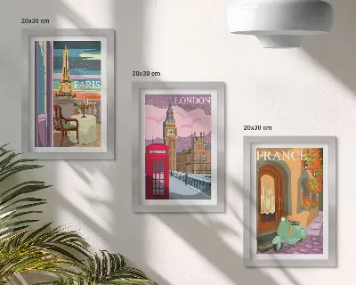 Sada obrazů na zeď retro městské scenérie Paříže, Londýna a francouzského venkova