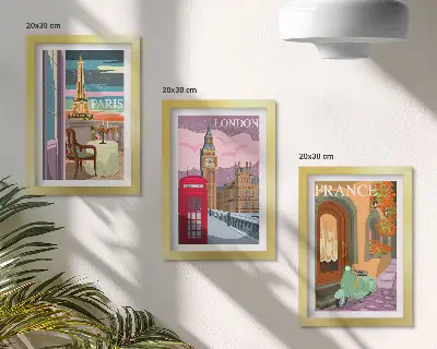 Sada obrazů na zeď retro městské scenérie Paříže, Londýna a francouzského venkova