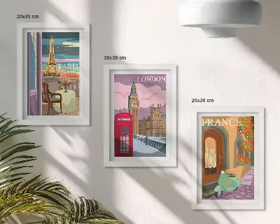 Sada obrazů na zeď retro městské scenérie Paříže, Londýna a francouzského venkova