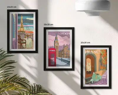 Sada obrazů na zeď retro městské scenérie Paříže, Londýna a francouzského venkova