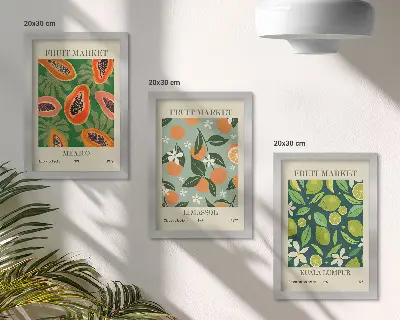 Sada tří obrazů vintage plakáty s ovocnými vzory