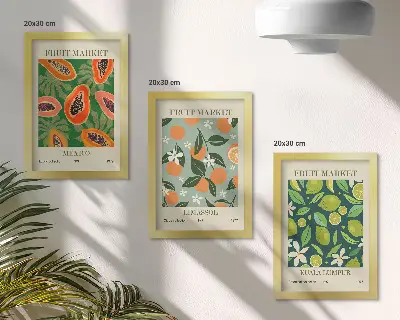 Sada tří obrazů vintage plakáty s ovocnými vzory