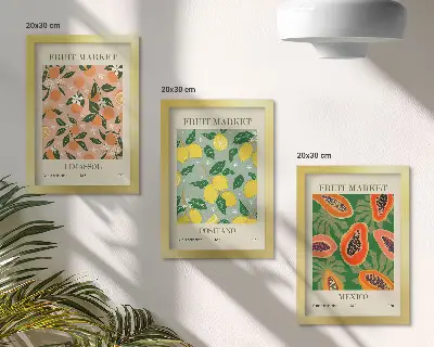 Sada tří obrazů s motivem citrusového a tropického ovoce v retro stylu